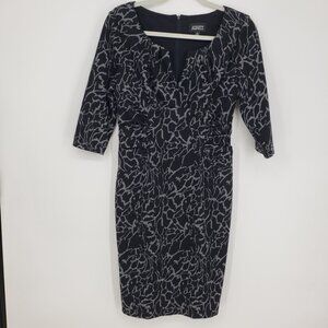 Adrianna Papell Abstract Floral Sheath Dress 8 Cocktail  Ruched Sides Black Gray